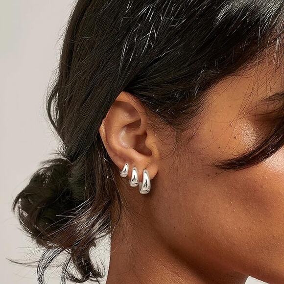 3 Pairs Chunky Huggie Hoop Earrings 14K White Gold Plated Hypoallergenic - Picture 2 of 6